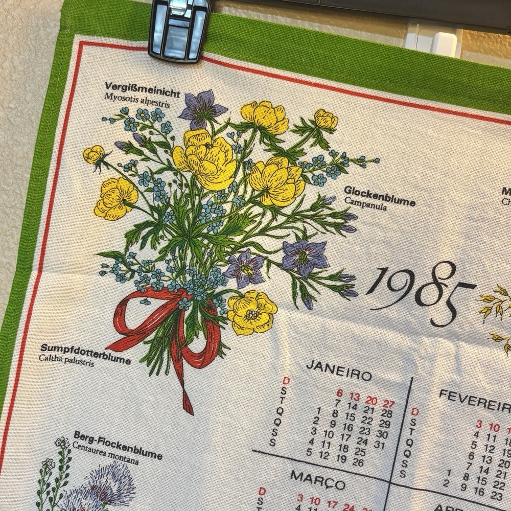 1985 Vintage Portuguese Linen Cloth Calendar Tea Towel Wall Hanging Flowers Rare - Picture 3 of 15